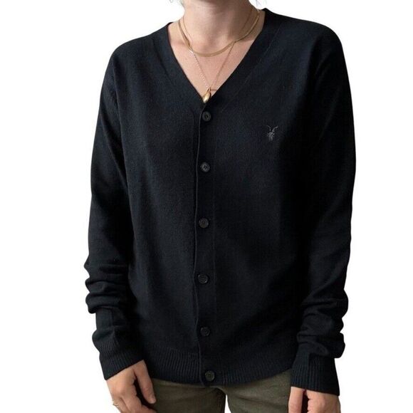 All Saints Womens Navy Blue 100% Wool Preppy Minimalist V Neck Cardigan Sz L - Picture 1 of 7